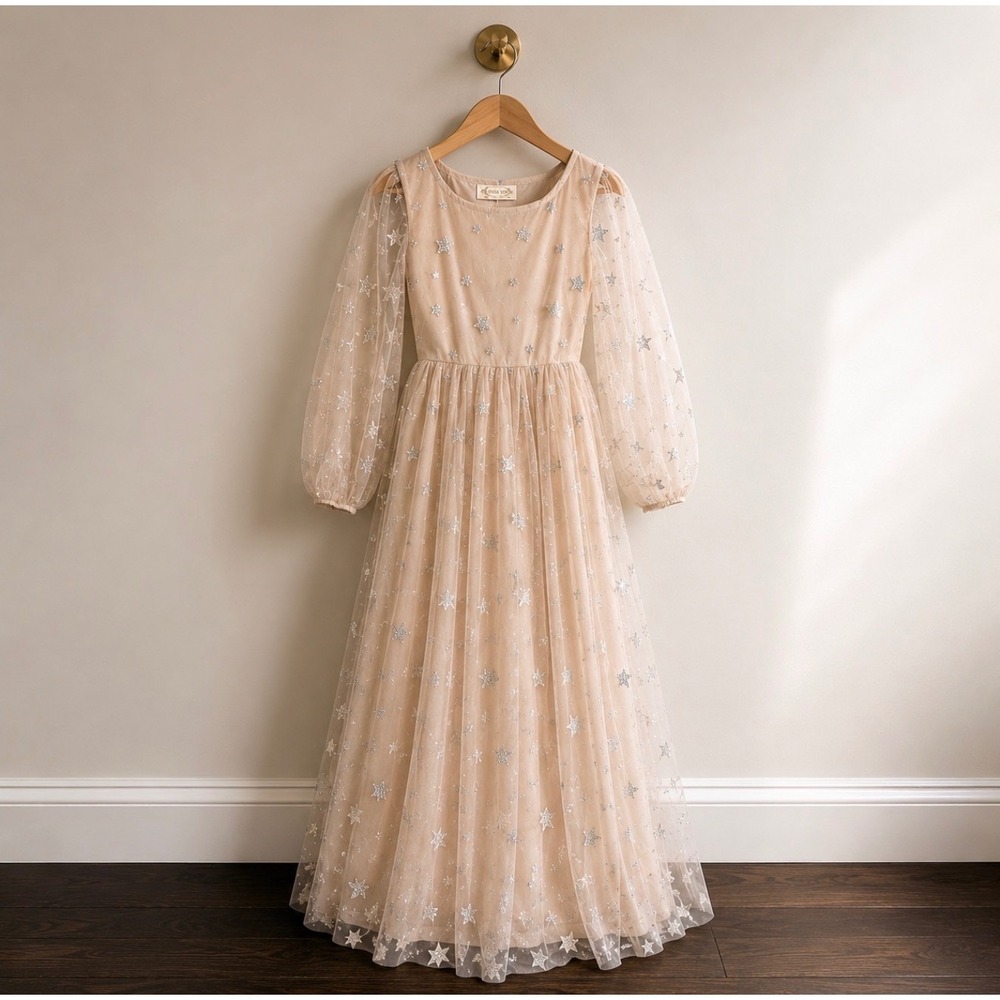 Mia Joy Joyfolie Girls Champagne Tulle Silver Glitter Star Maxi Dress Size 10